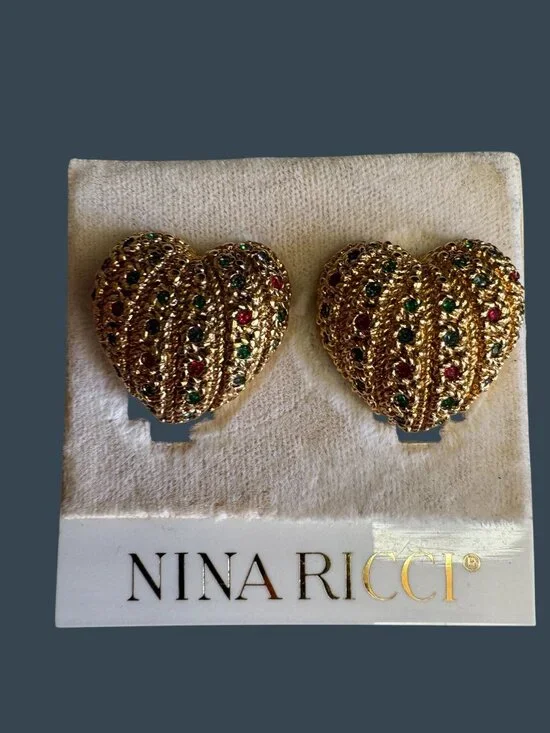 Nina Ricci Gold Tone Heart Clip On Earrings Red Green Rhinestones 1" - Picture 2 of 8